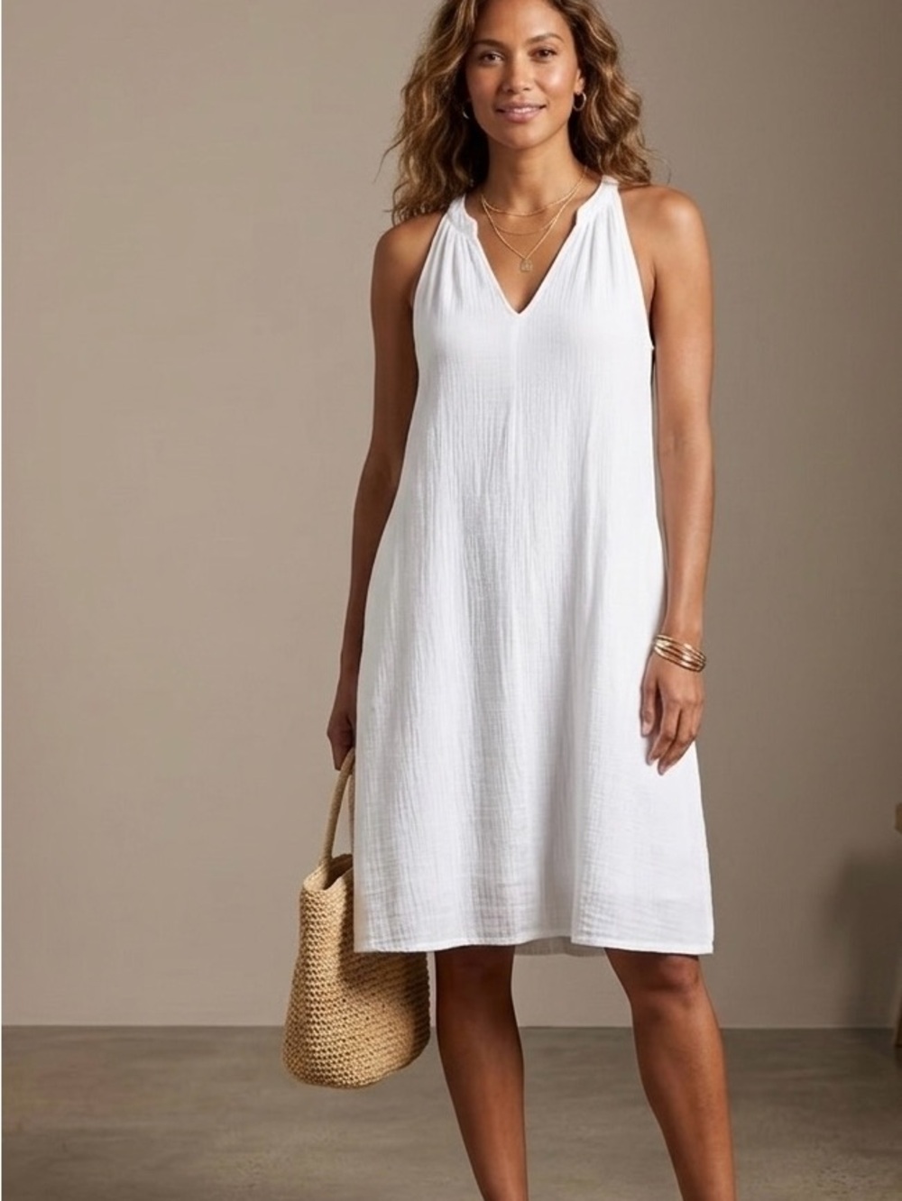 Garnet Hill White Crinkle Cotton Gauze Lined Dress - Size Medium